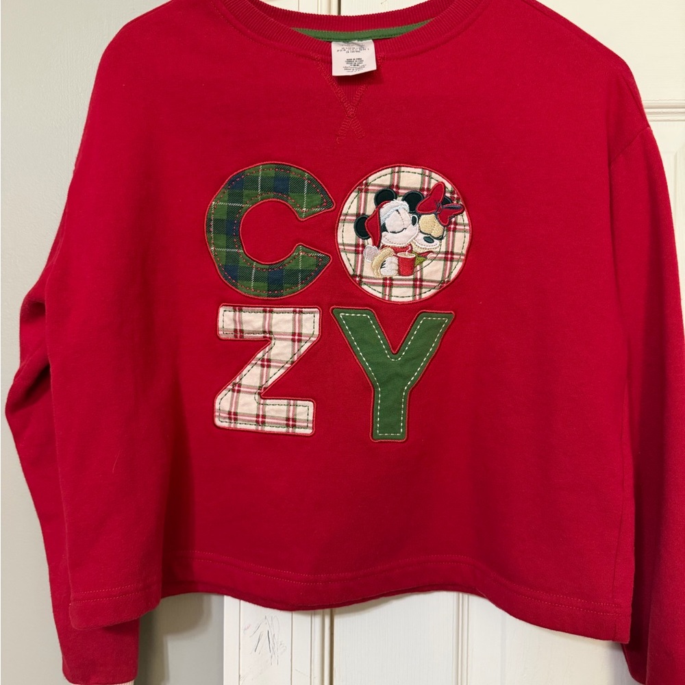 Disney Red 'COZY' Appliqué Kids Sweatshirt with Plaid & Green Accents